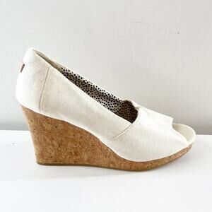 TOMS Classic Peep Toe Canvas Cork Wedge Heel Sandals Cream White 9